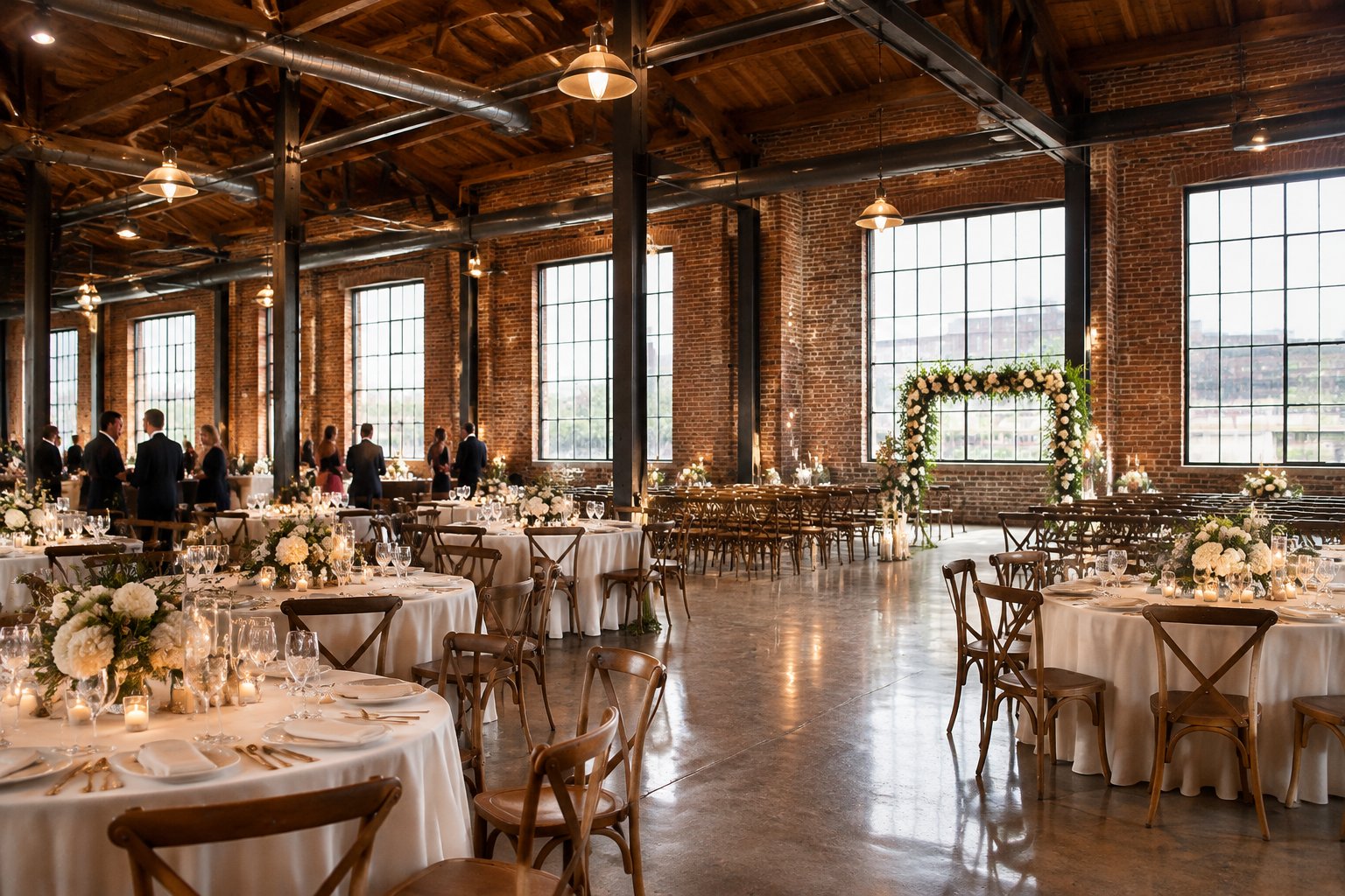 A wedding reception set inside a brick warehouse with exposed beams and large windows.