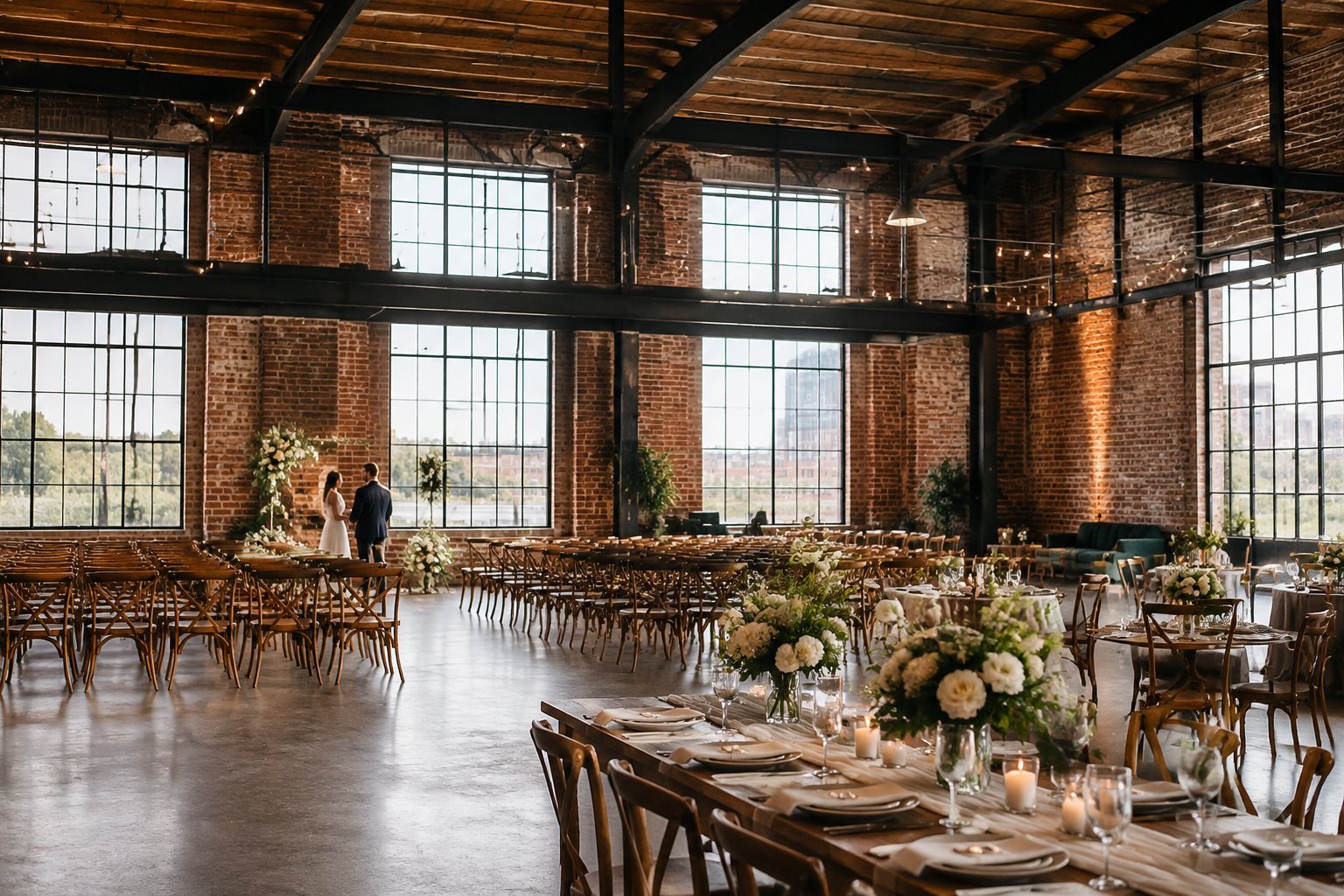 A wedding reception setup inside a brick industrial venue.