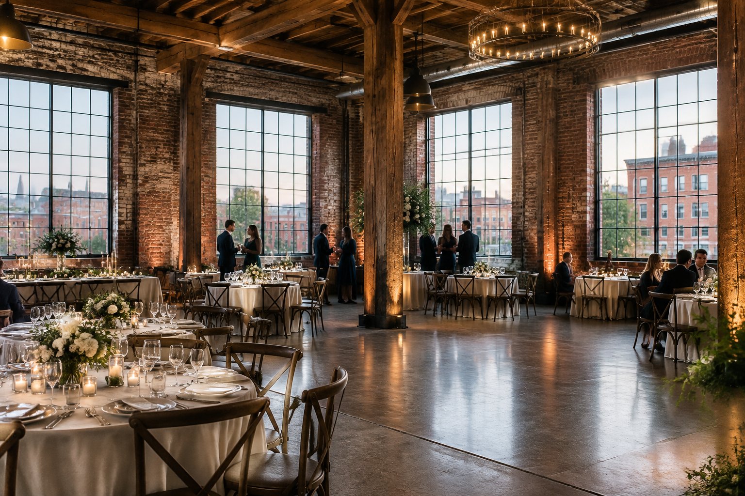 Guests gather for a wedding reception in a historic brick venue.