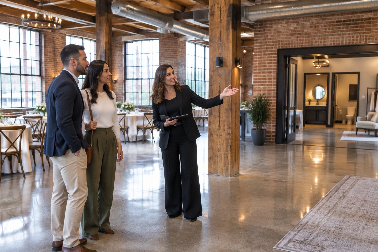 A couple tours a converted industrial wedding venue with a coordinator.