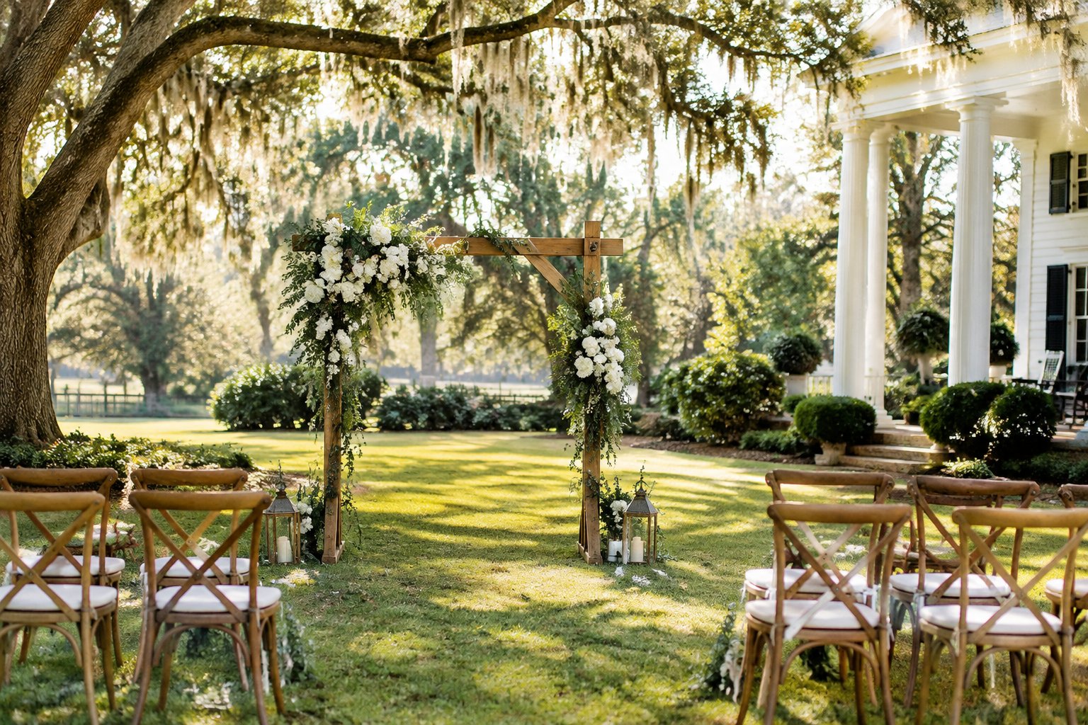 A small wedding ceremony in a garden beside a white-columned home.