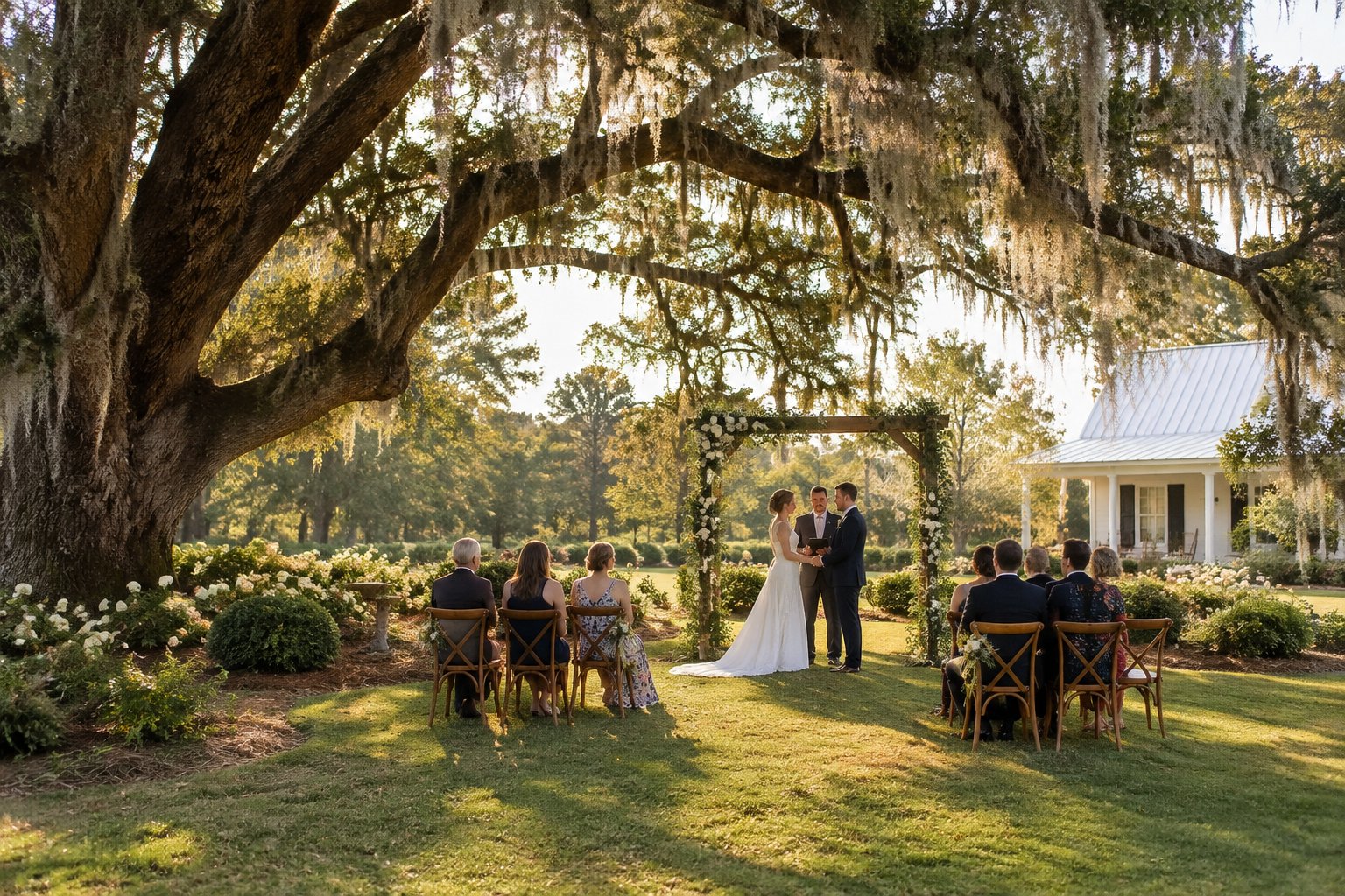 A couple stands beneath a flower-decorated arbor at a small garden wedding.