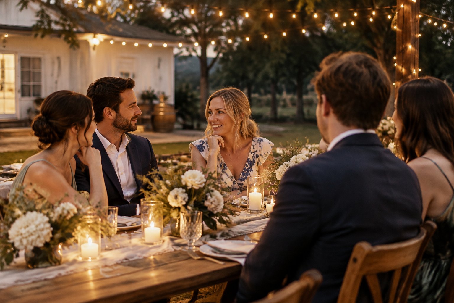 Wedding guests share an intimate dinner at a warmly lit venue.
