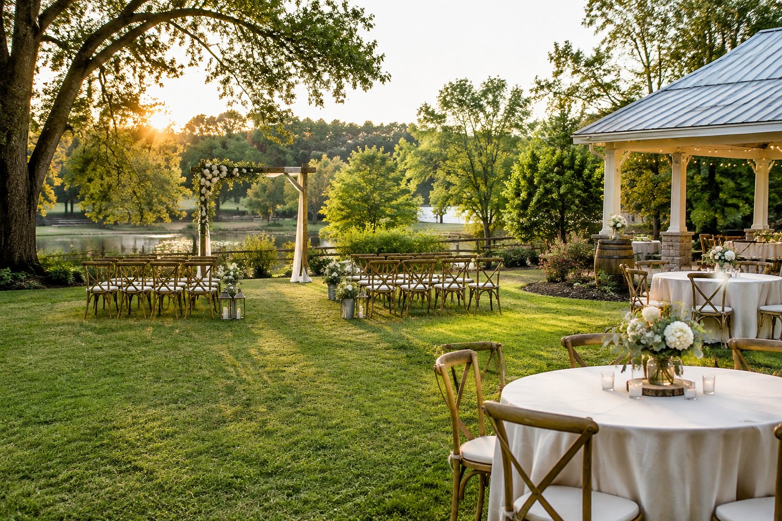A small outdoor wedding ceremony setup in a garden.