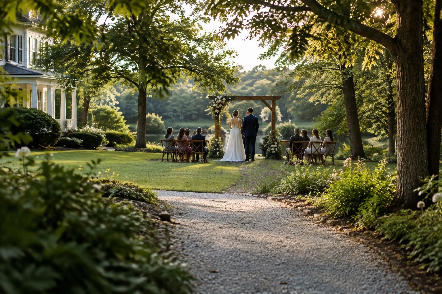 A couple stands beneath a flower-decorated arbor at a small outdoor wedding ceremony.