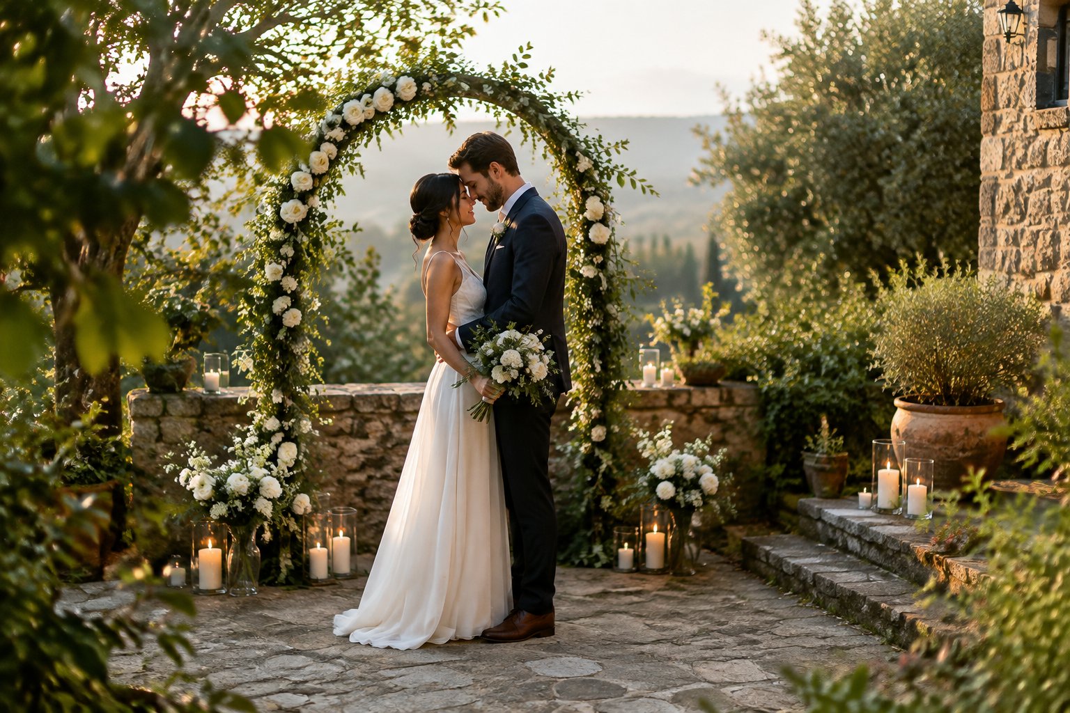 A couple shares a quiet moment beneath a flower-covered arch in a garden courtyard.
