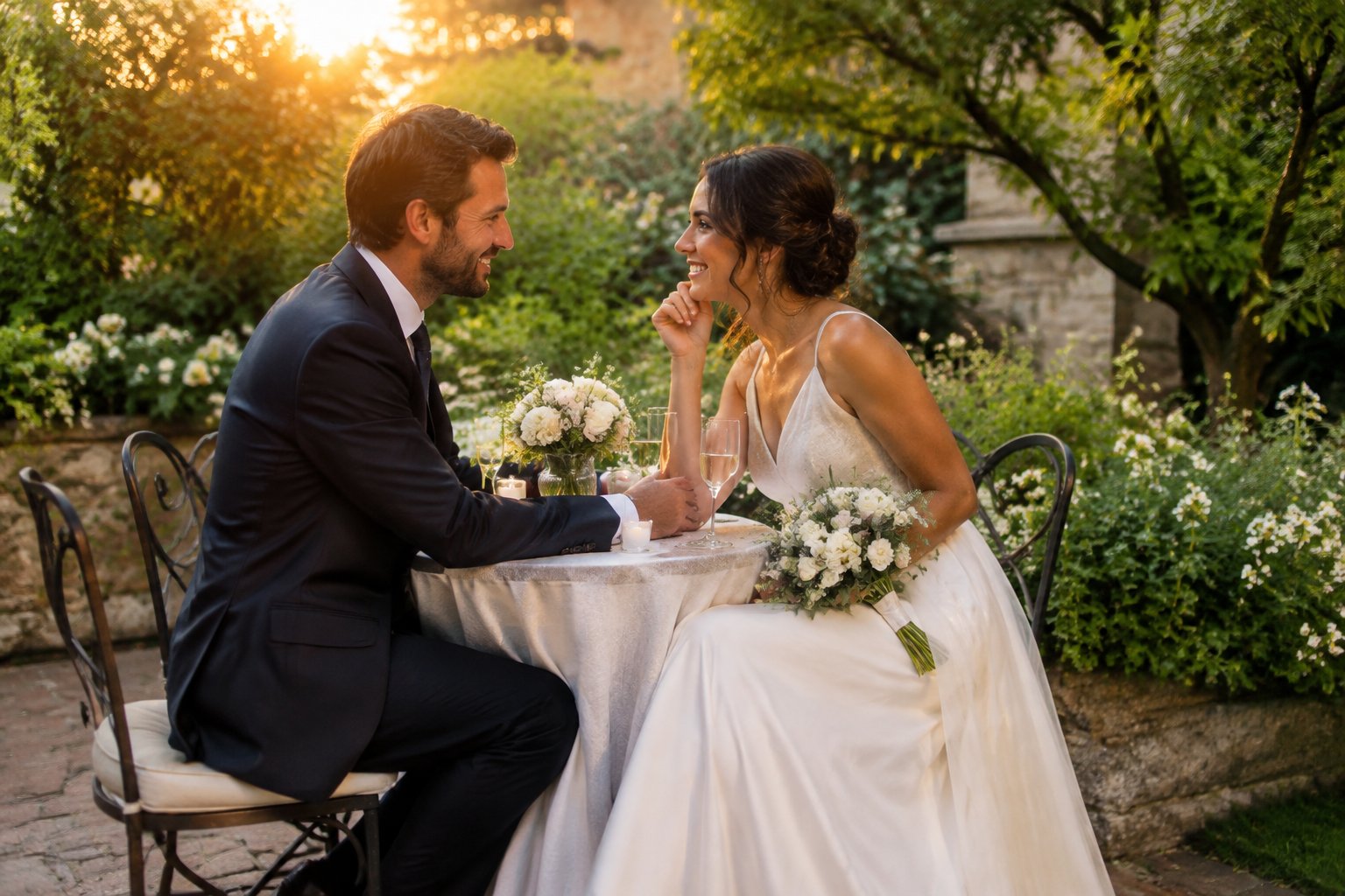 A couple shares a quiet moment at a small table in a garden courtyard.
