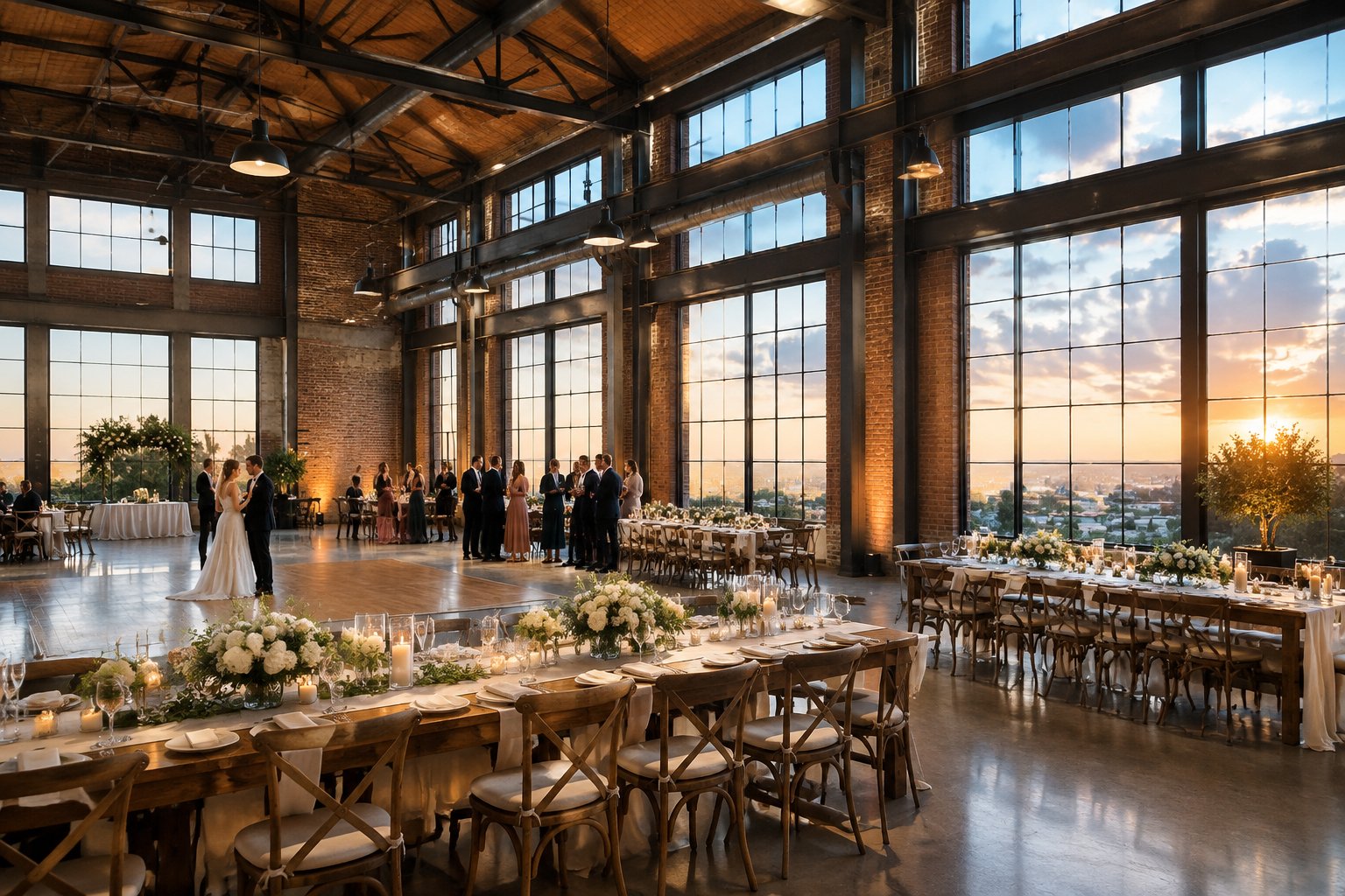 A wedding reception with tables and guests inside a spacious brick industrial venue.