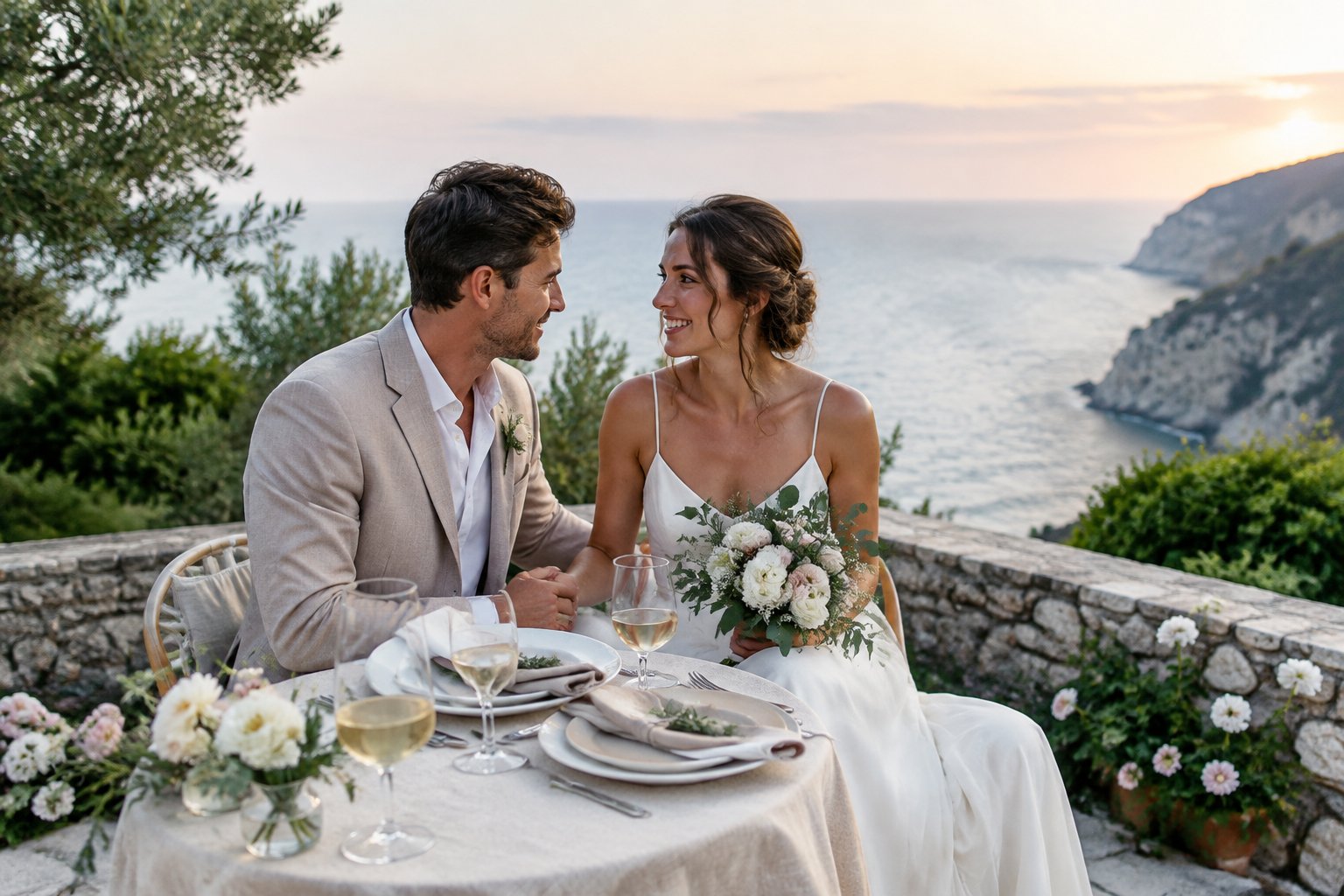 A couple in wedding attire share a quiet moment at a scenic outdoor venue.