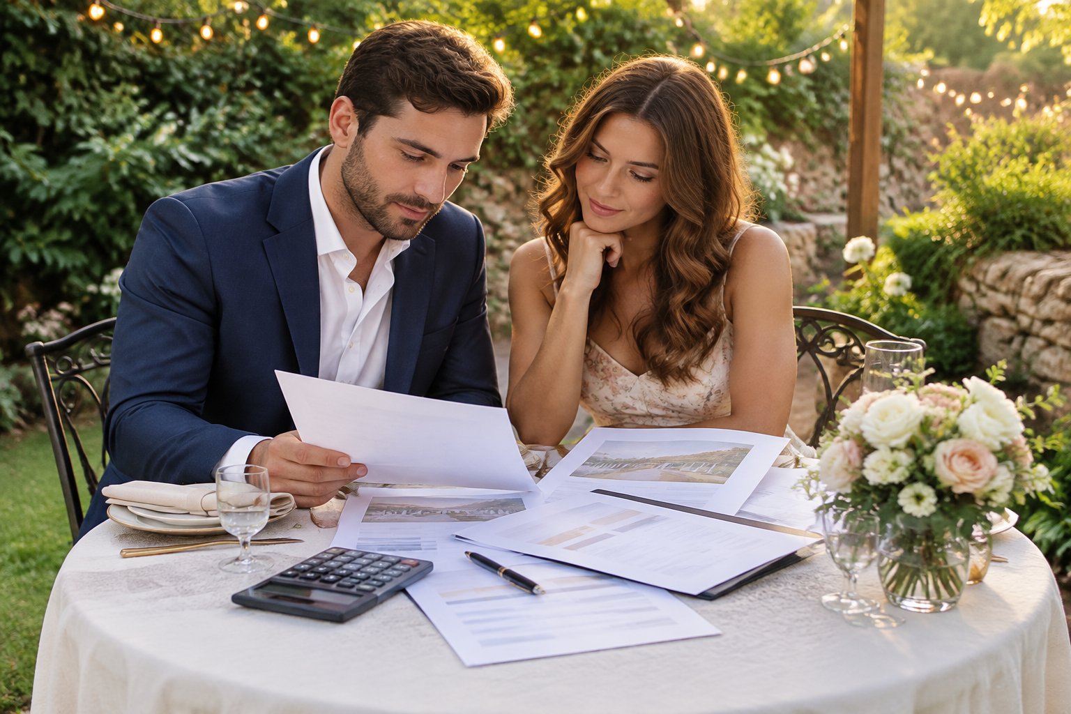 A couple reviews wedding venue proposals together at a garden table.