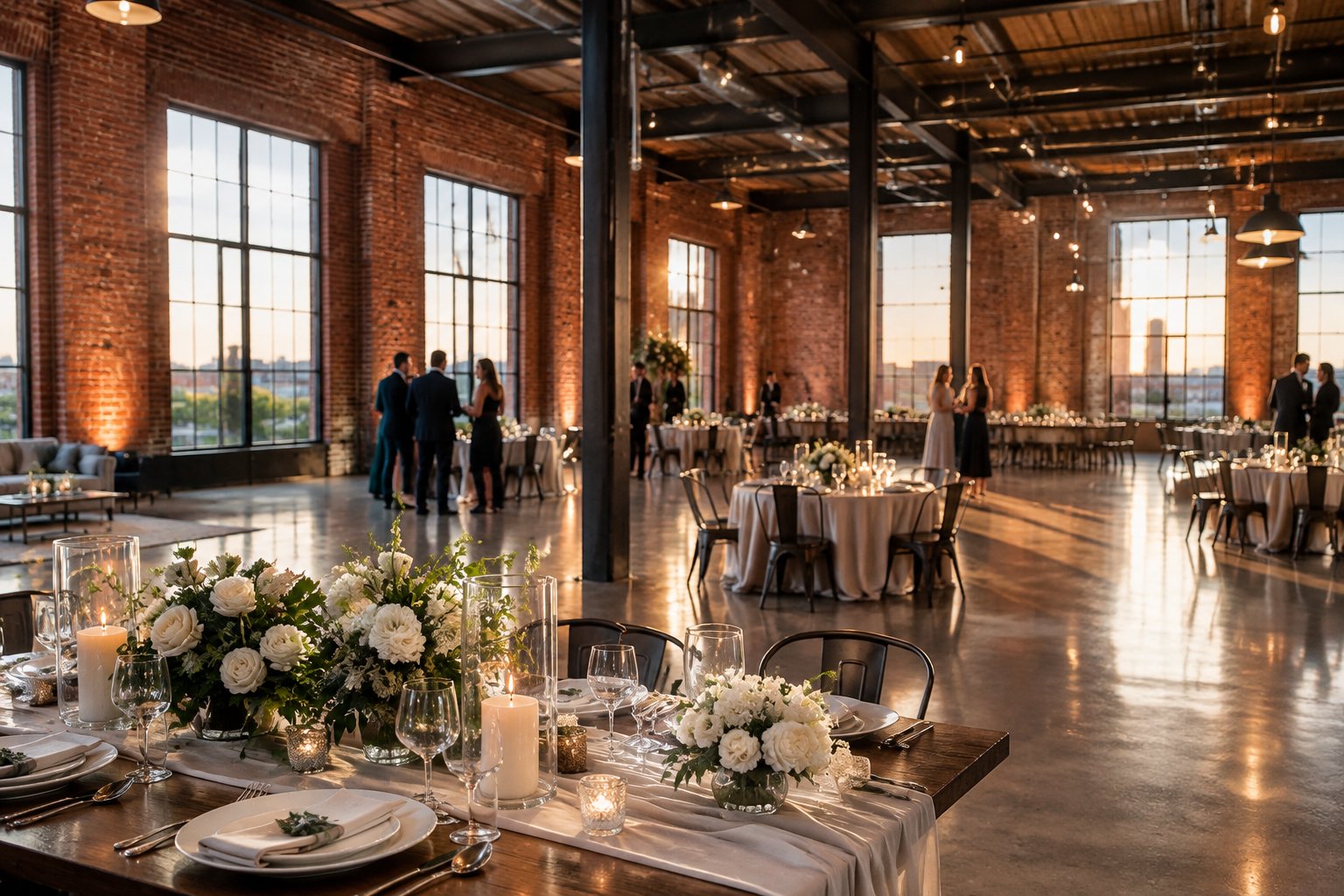 A wedding reception set inside a spacious brick warehouse.