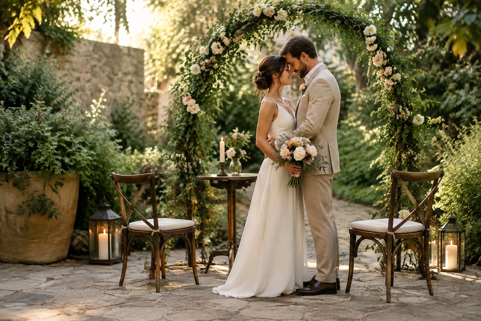 A couple shares a quiet moment beneath a flower-and-greenery arch in a secluded garden.