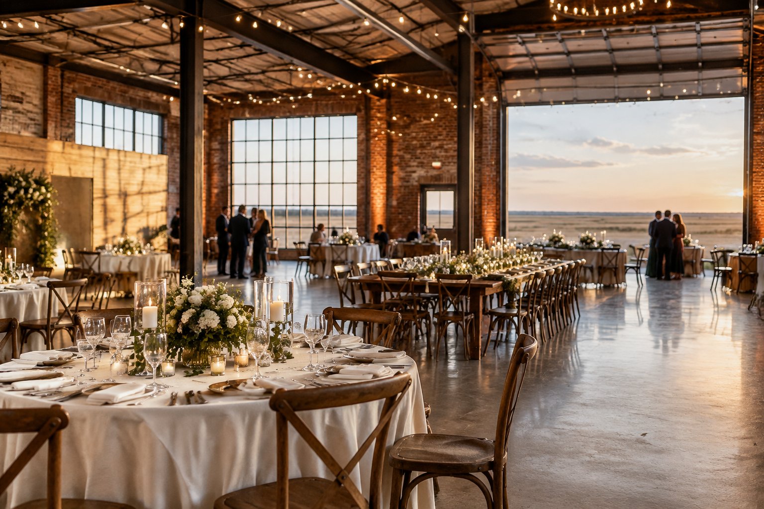A wedding reception set inside a rustic industrial venue with a sunlit West Texas landscape outside.