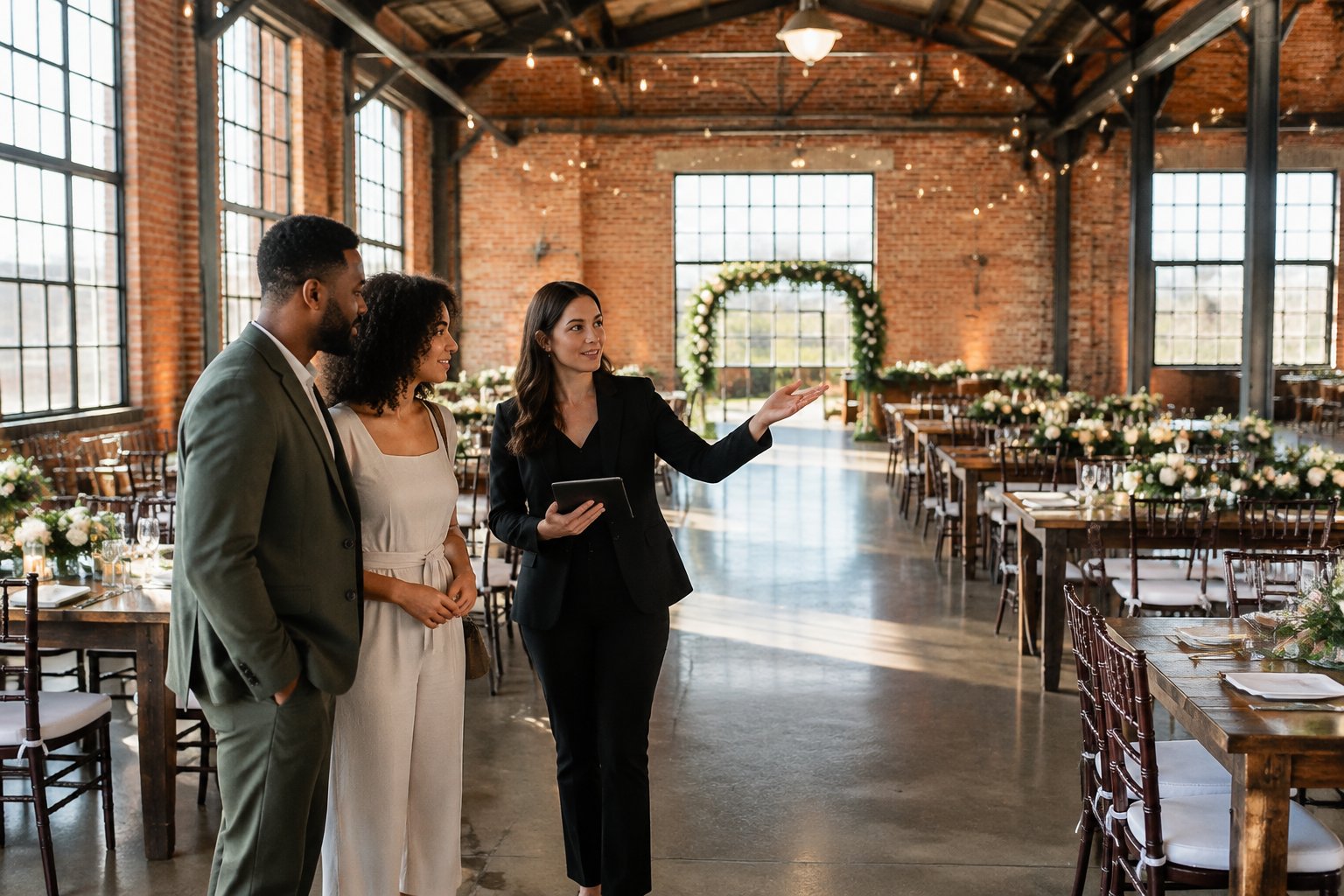 A couple and venue coordinator review a wedding reception layout in an industrial event space.
