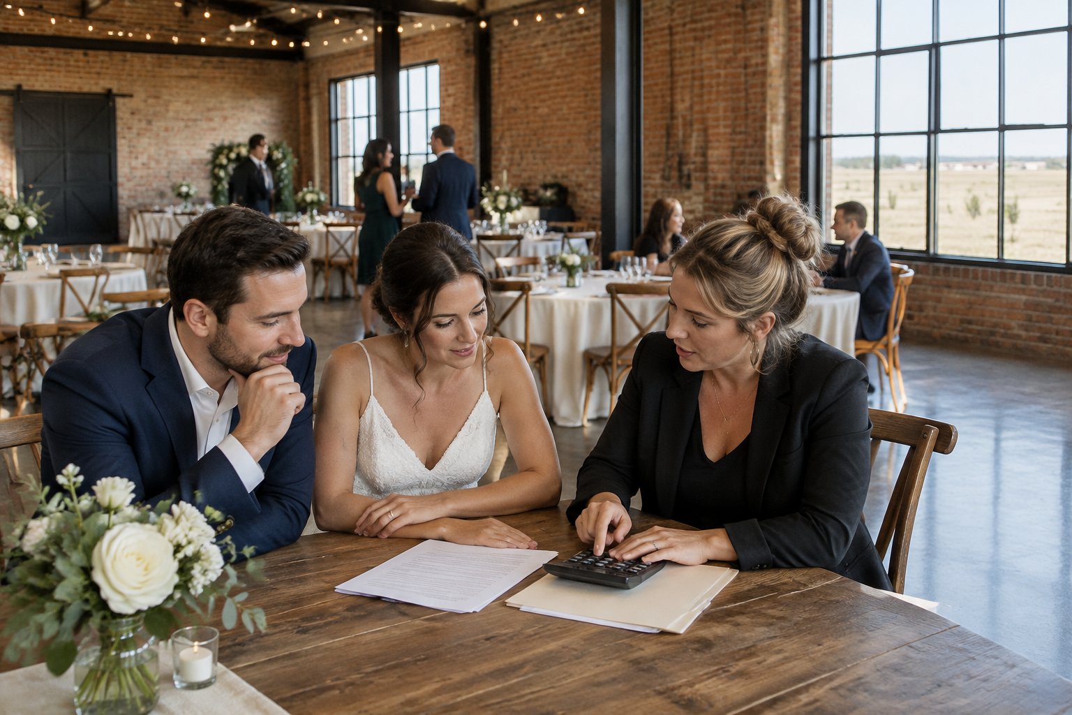 A couple and venue coordinator review papers at a table in a warehouse wedding reception venue.