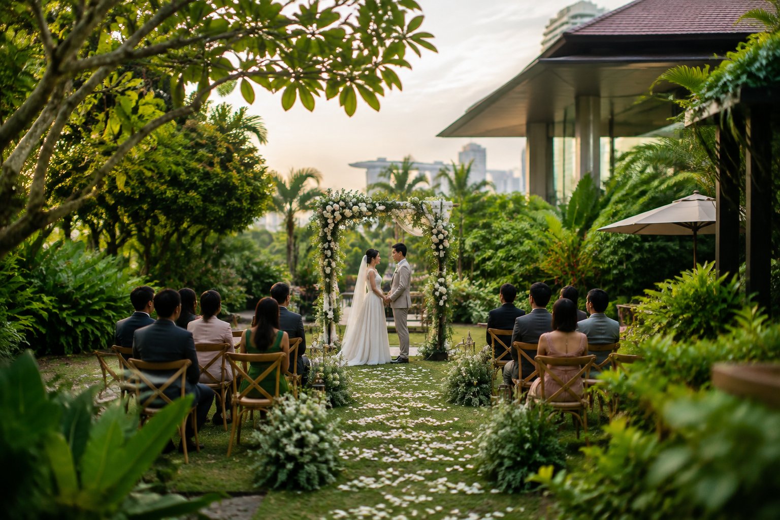 A couple holds a small wedding ceremony beneath a floral arch in a tropical garden.