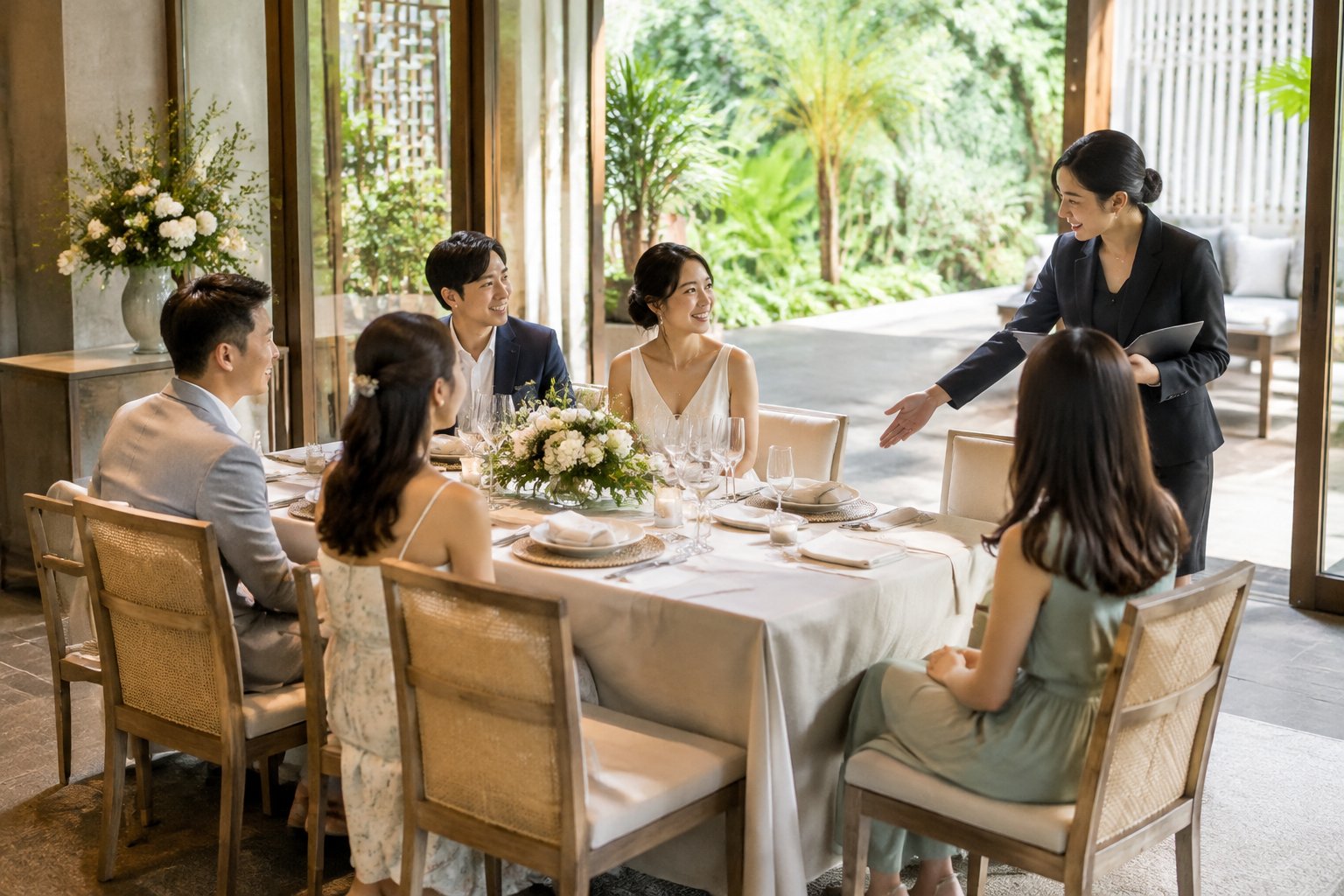 A couple and a small group of guests gather around a table in an intimate wedding venue.