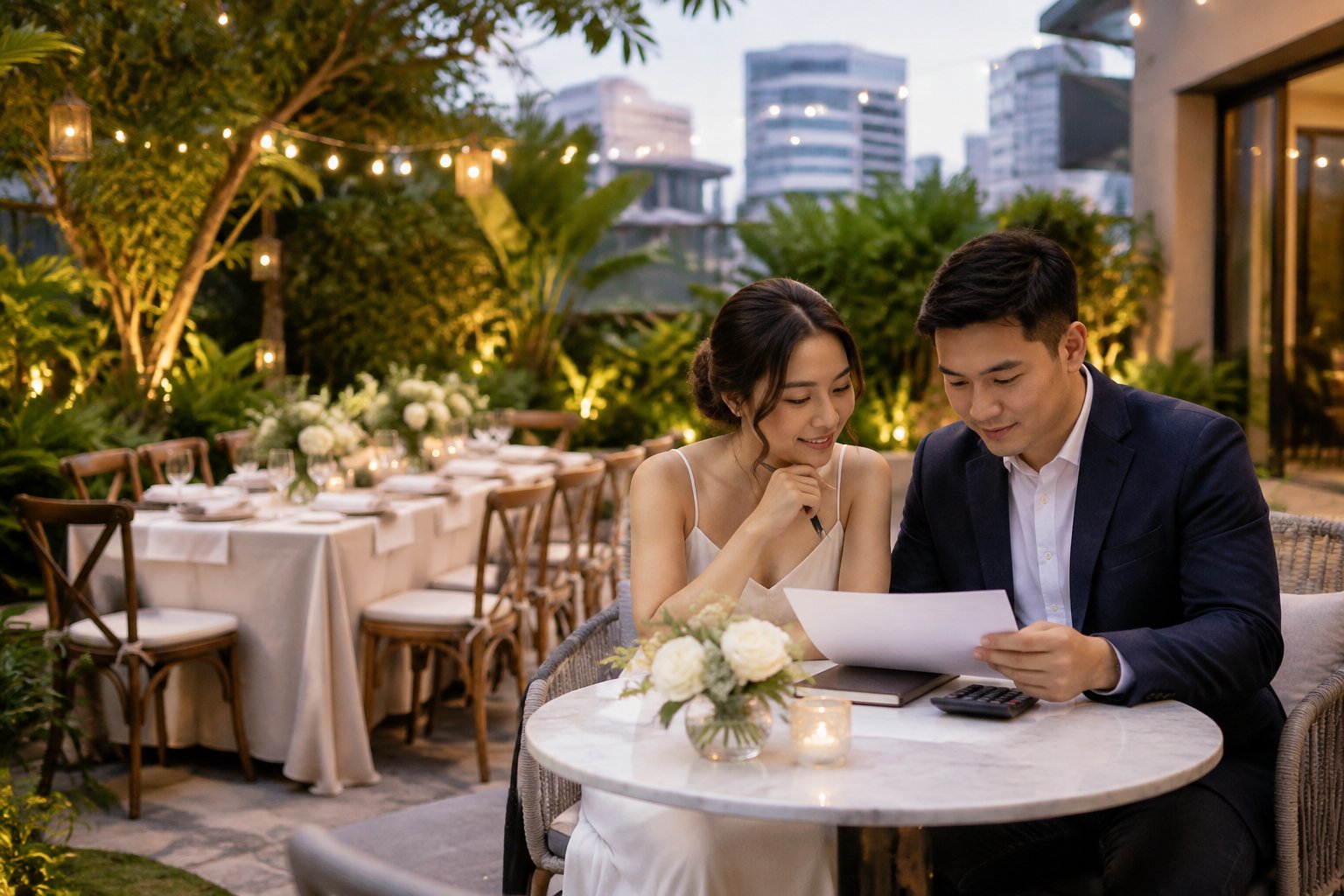 A couple reviews wedding plans at a small reception table in a garden venue.