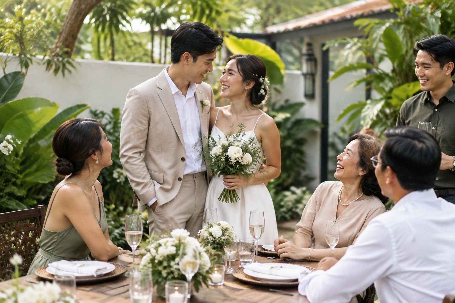 A newlywed couple celebrates with close family and friends in a garden courtyard.