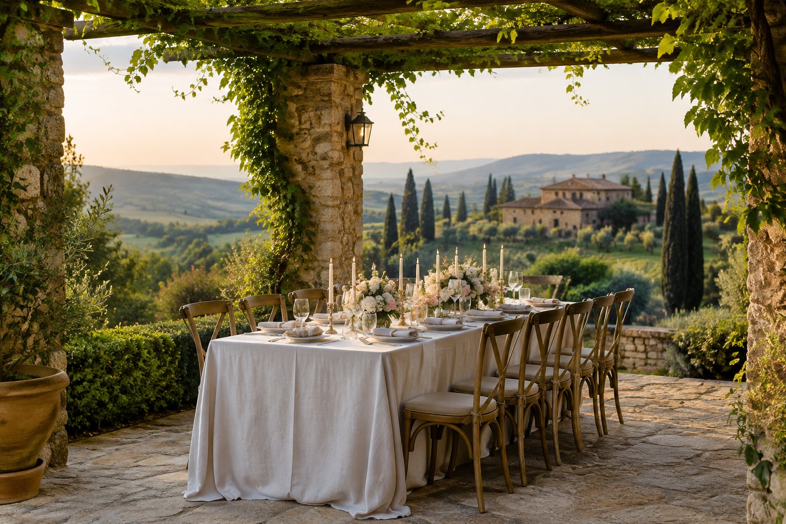 A small wedding reception table beneath a vine-covered pergola overlooking the Tuscan countryside.
