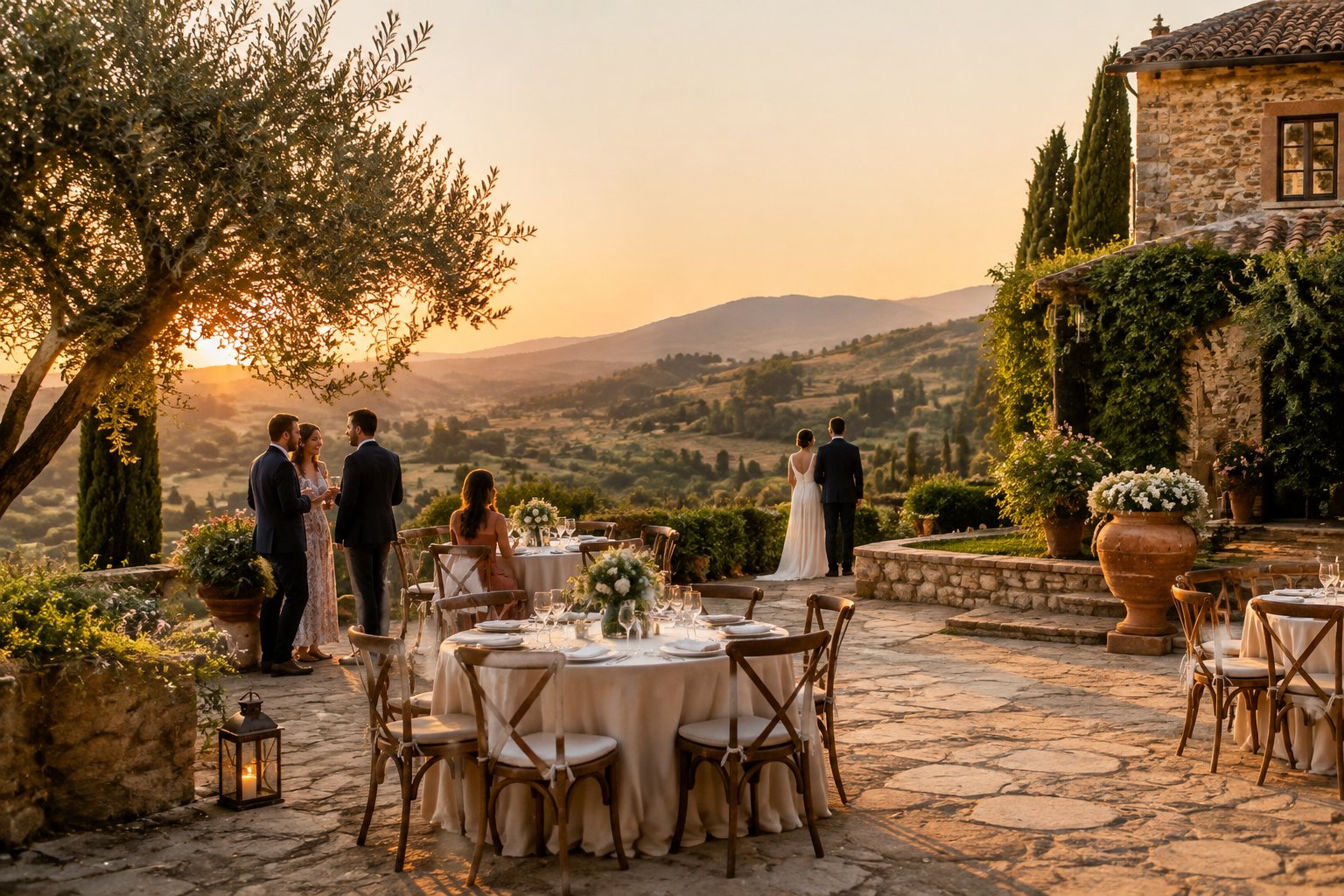 A small wedding gathering in a stone courtyard at a Tuscan villa.