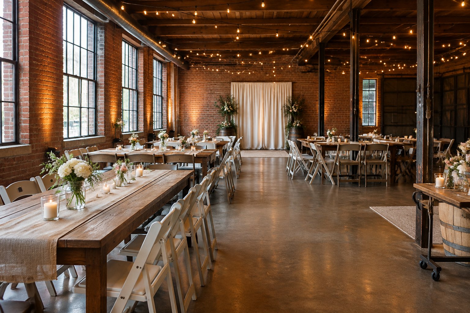 A brick warehouse set up with tables, chairs, flowers, and lights for a wedding.