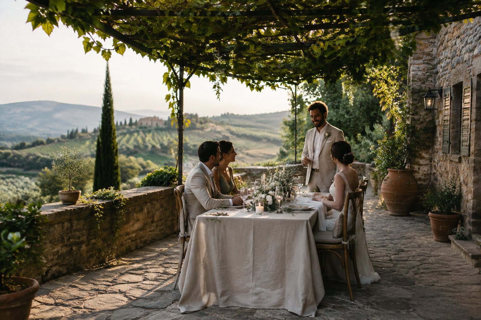 A small wedding gathering at a stone villa overlooking the Tuscan countryside.