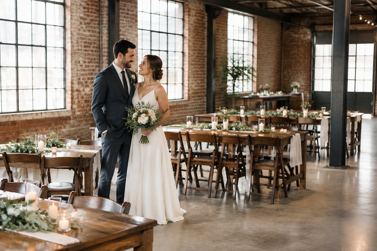 A couple stands among simply decorated tables in a warehouse wedding venue.