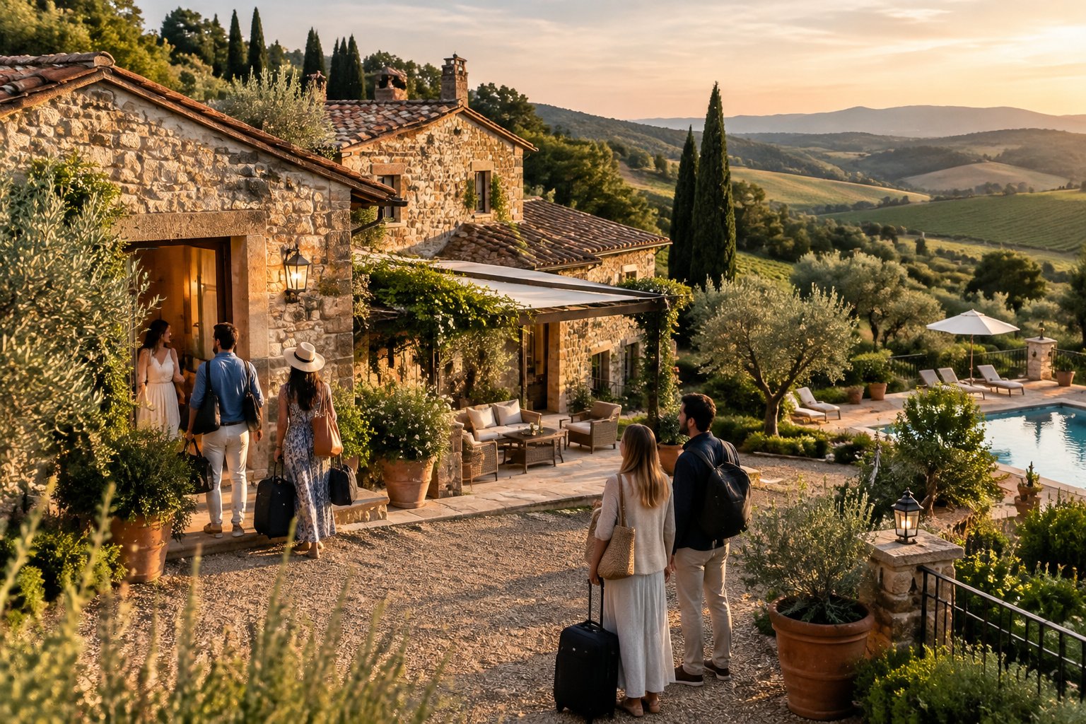 Wedding guests arrive with overnight bags at a Tuscan countryside villa.