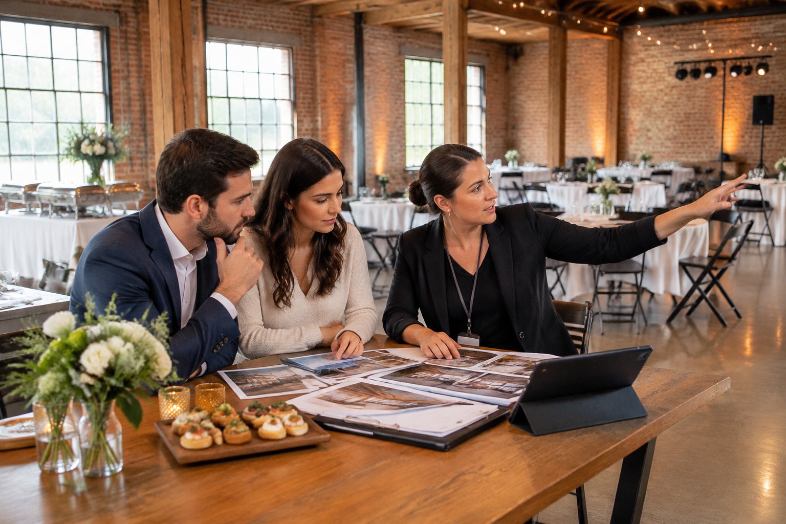 A couple and a wedding planner compare venue features at a table in an industrial event hall.