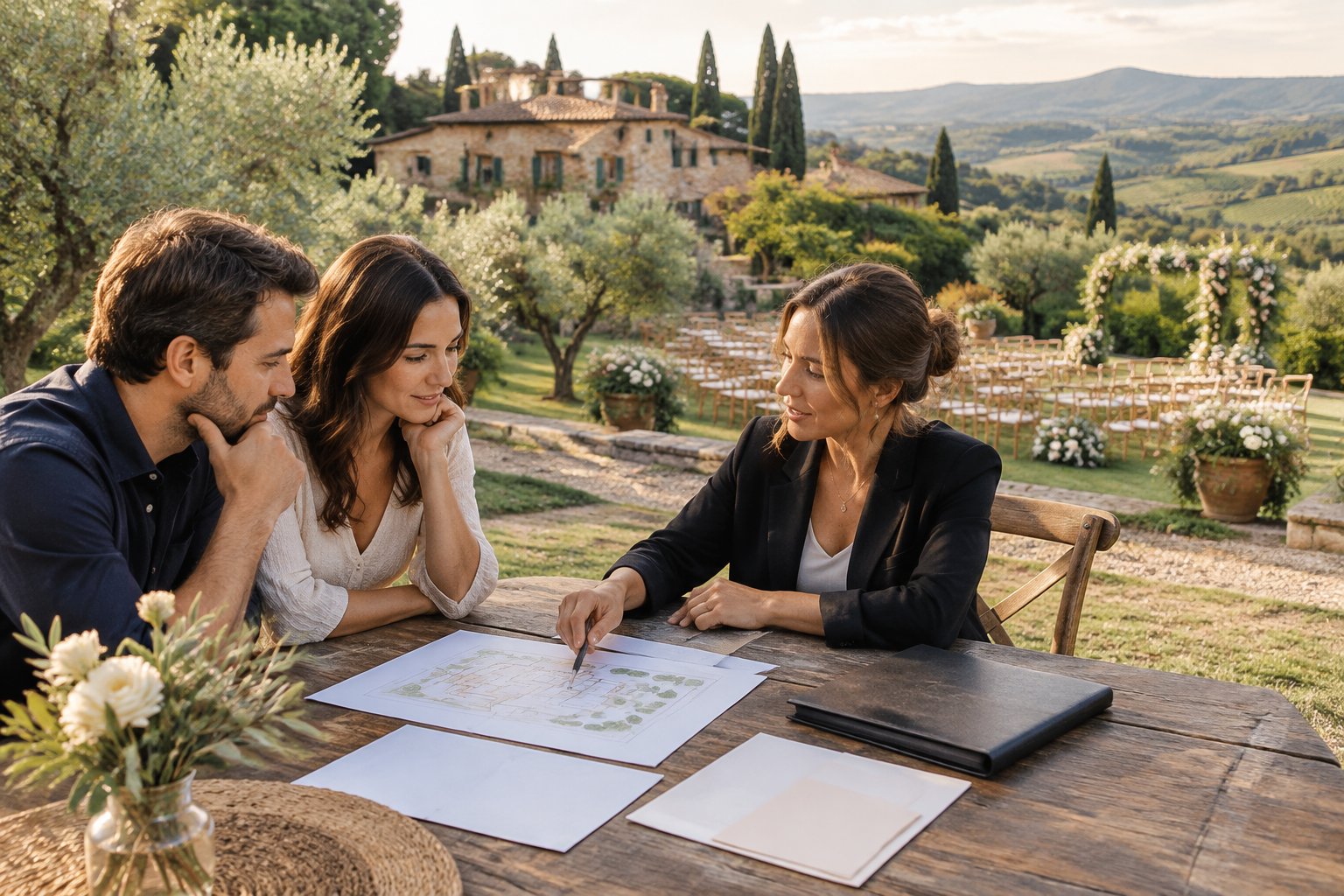 A couple reviews wedding plans with a venue coordinator at a Tuscan countryside venue.