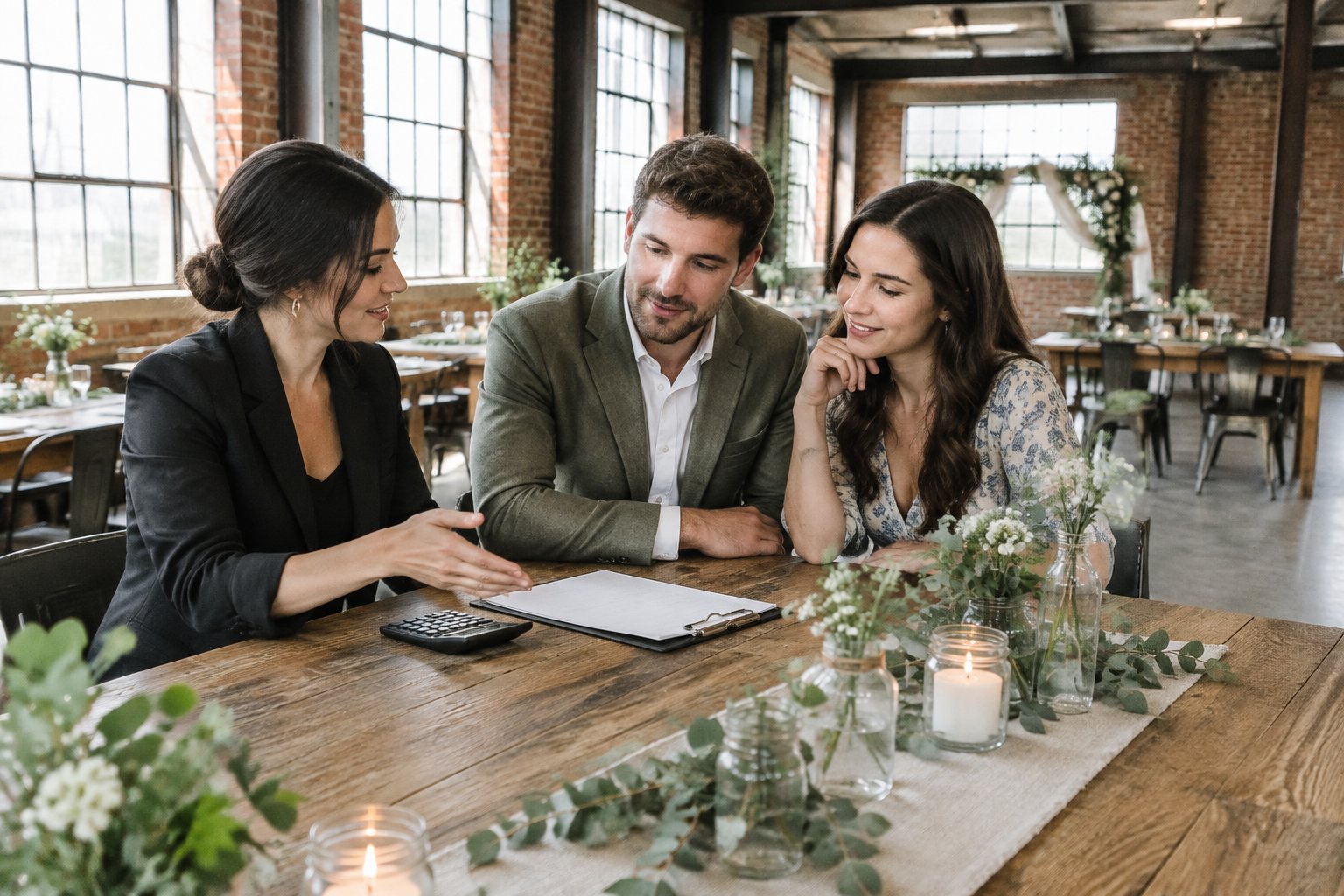 A couple and wedding planner review a budget at a table in a decorated industrial venue.