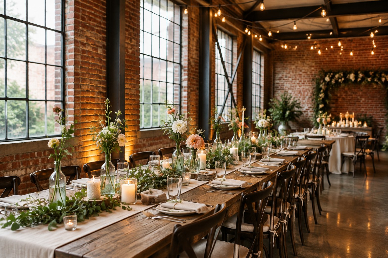 A decorated reception table in a brick-walled warehouse.