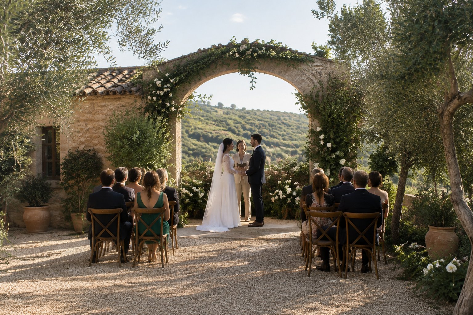 A couple exchanges vows at a small outdoor wedding in a Spanish countryside venue.