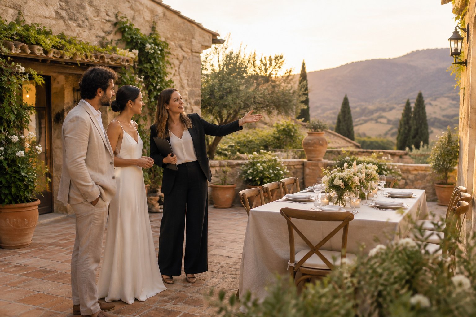 A couple and wedding planner view a small courtyard wedding venue in Spain.
