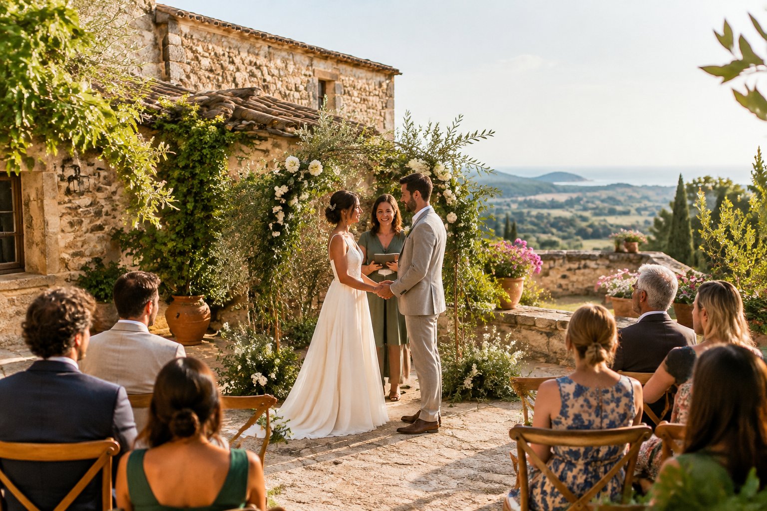 A couple celebrates their wedding with guests in a stone courtyard.
