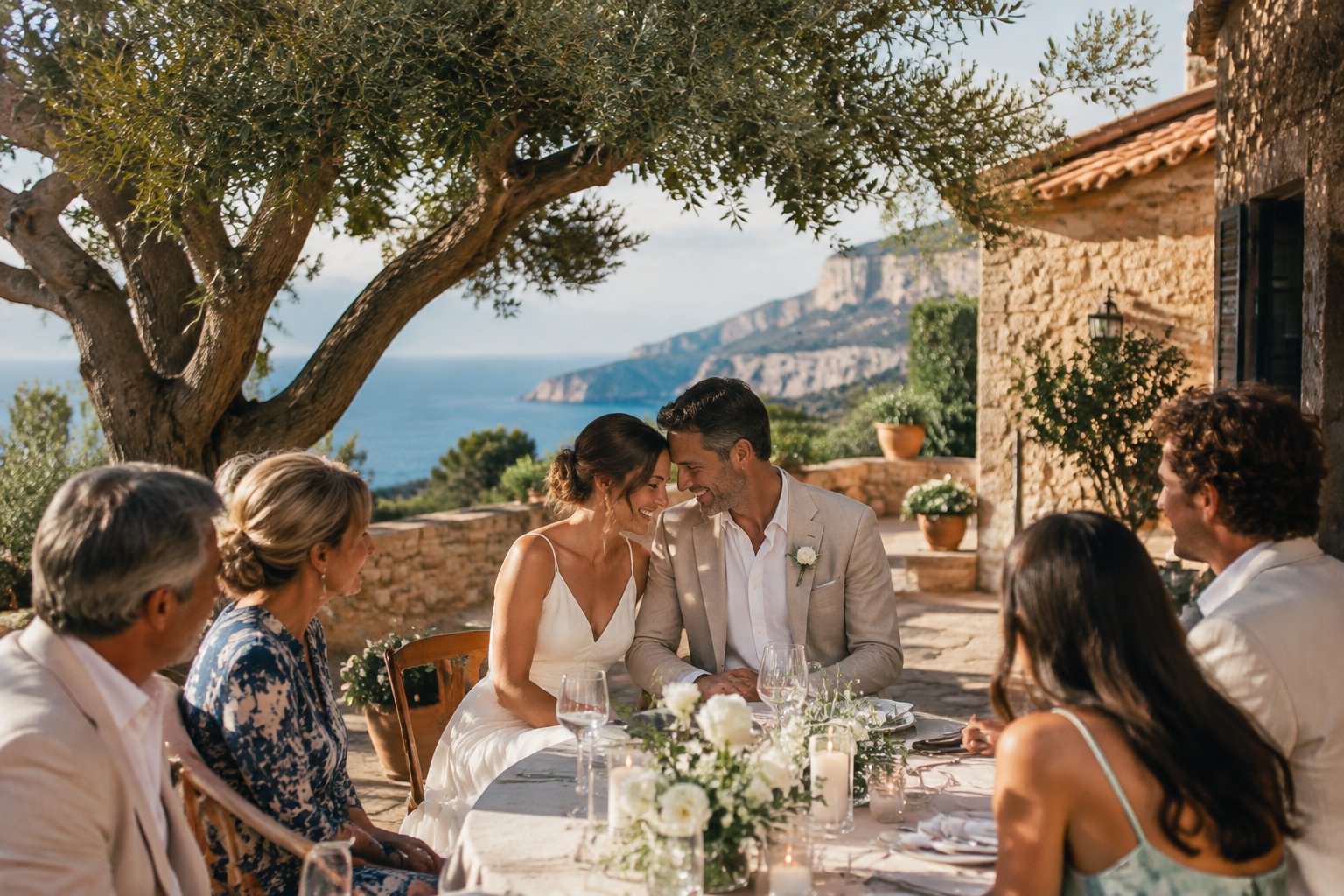 A bride and groom celebrate with a small group on a Mediterranean terrace overlooking the sea.