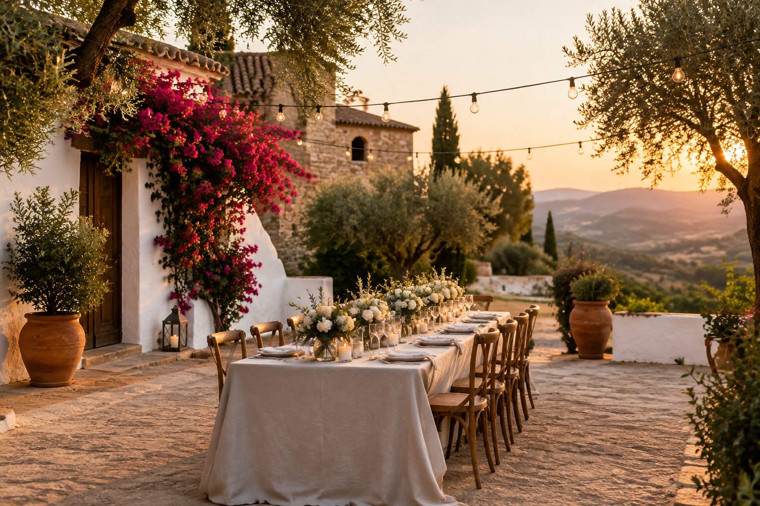 A small wedding reception set in a Spanish courtyard among olive trees.