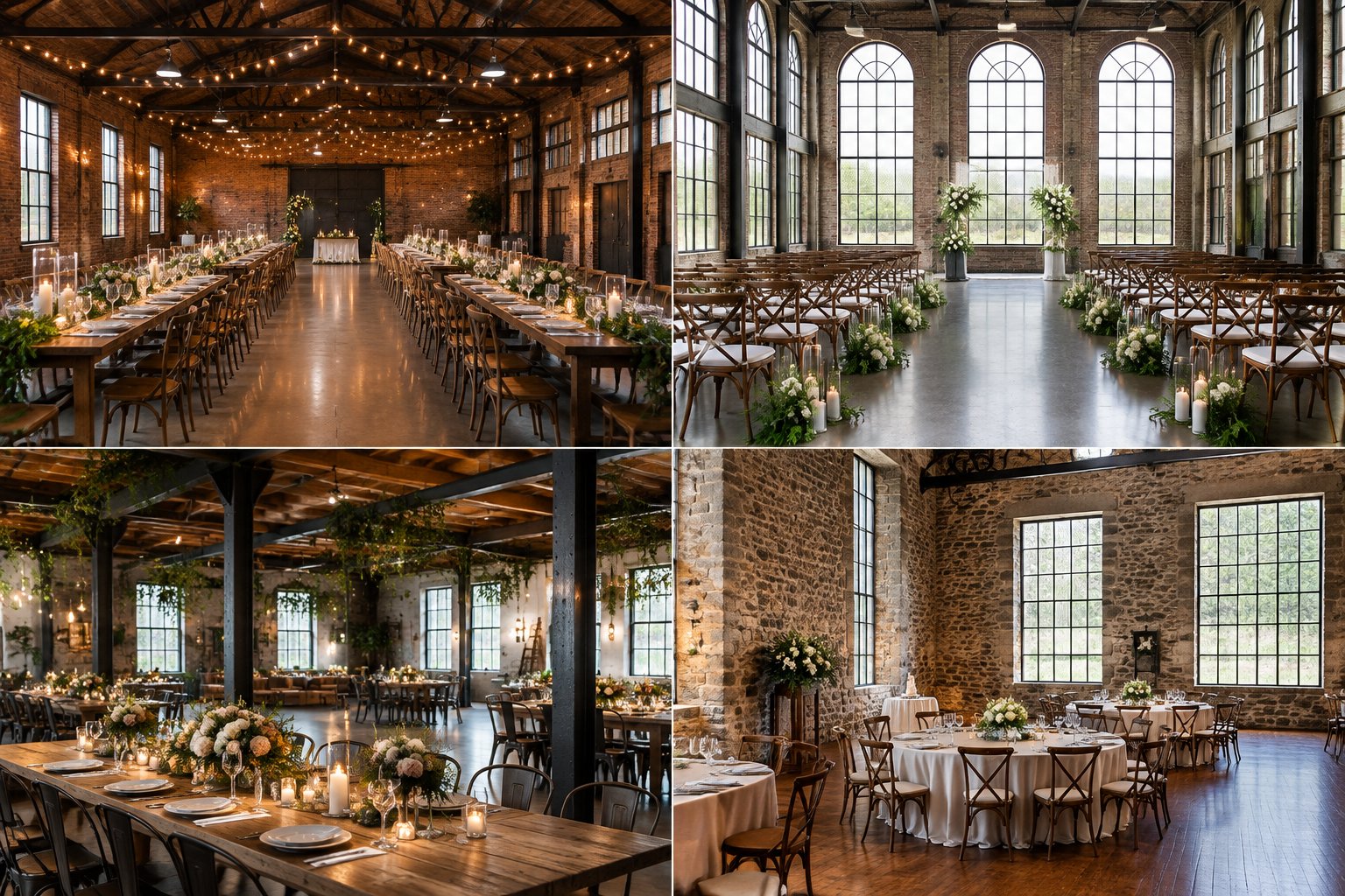 Four industrial venues arranged in a grid, each set up for a wedding.