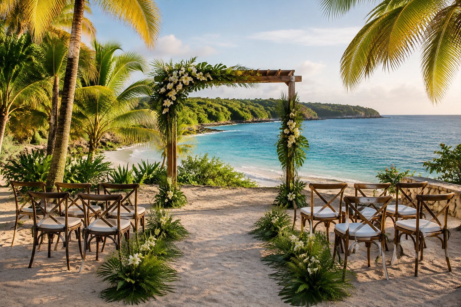 A small wedding ceremony setup on a quiet Jamaican beach overlooking turquoise water.