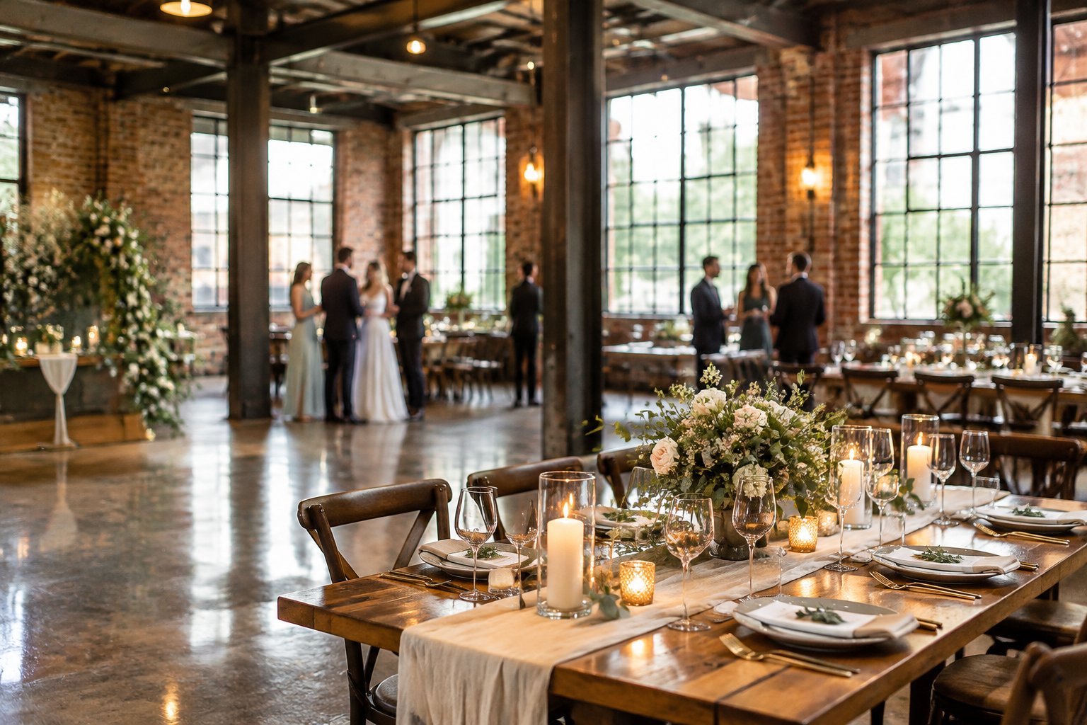 A wedding reception table in a warehouse venue with brick walls and tall windows.