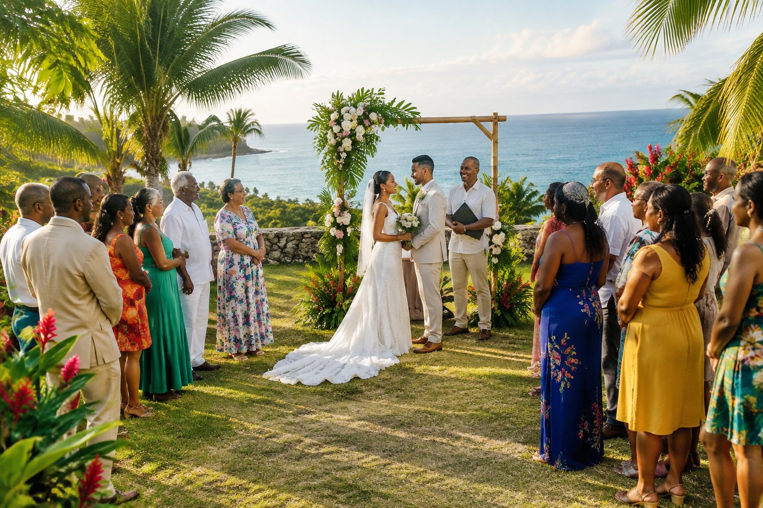A couple celebrates their wedding with a small group of guests at a tropical Jamaican garden venue.