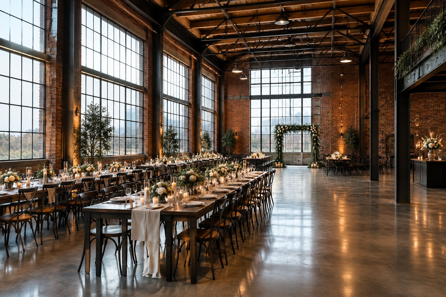 A wedding reception set up inside a spacious venue.