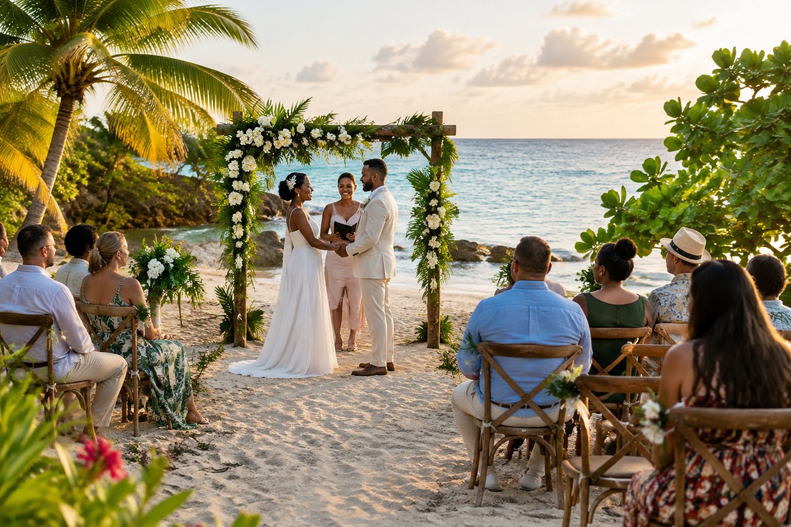 A couple holds an intimate wedding ceremony on a tropical beach in Jamaica.