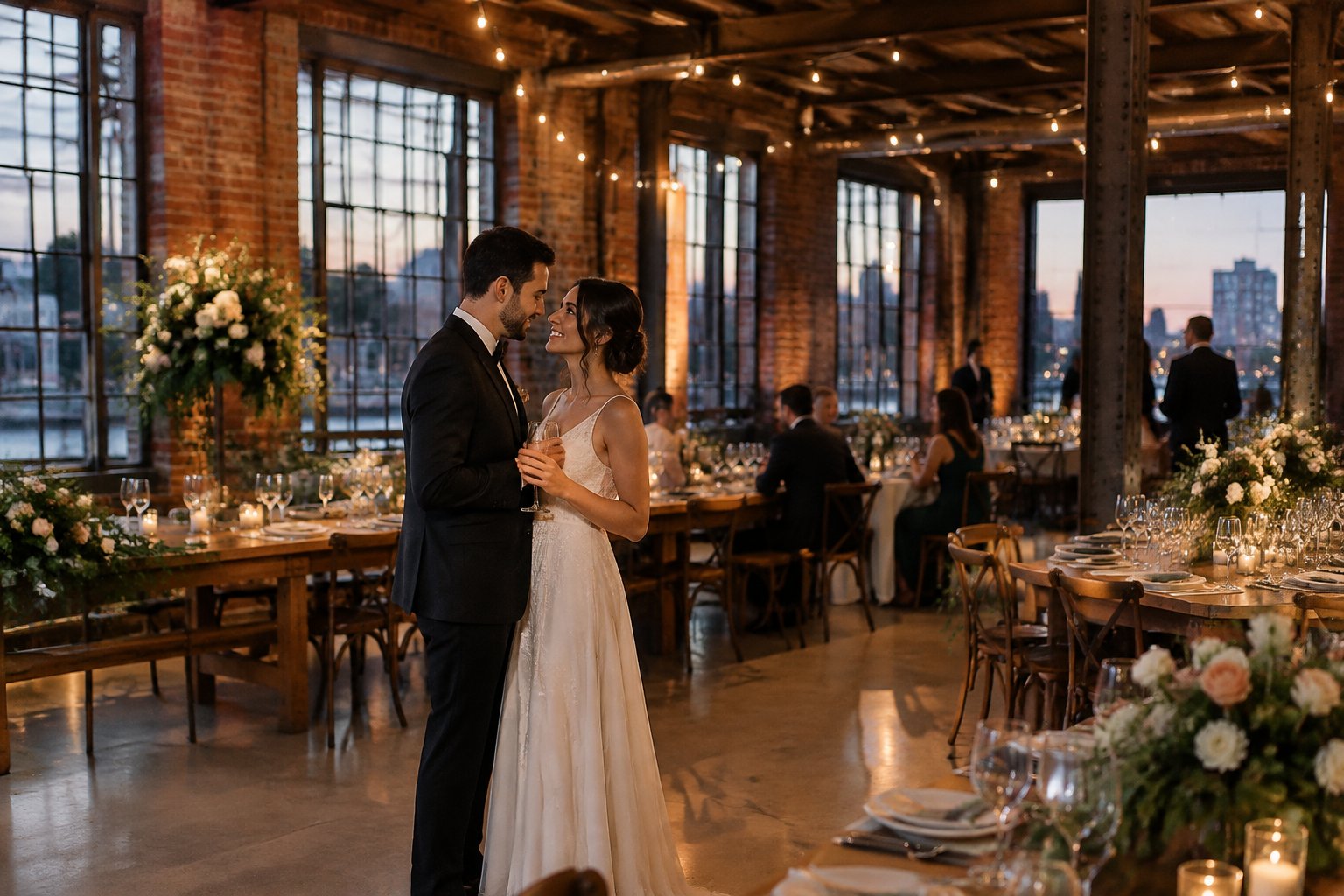 A couple at a wedding reception in a historic brick warehouse.