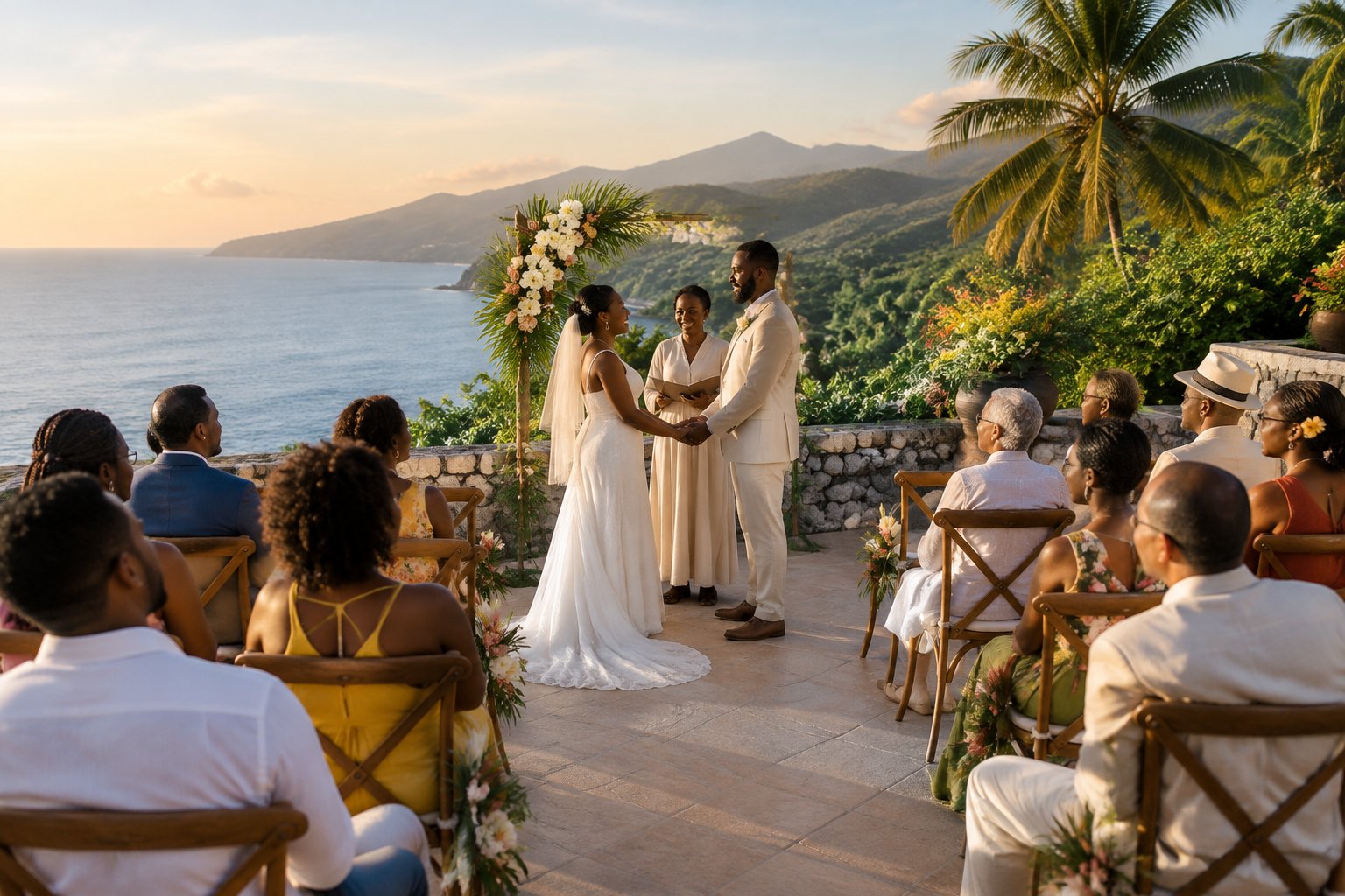 A couple celebrates with a small group of guests at a tropical Jamaican wedding venue overlooking the sea.