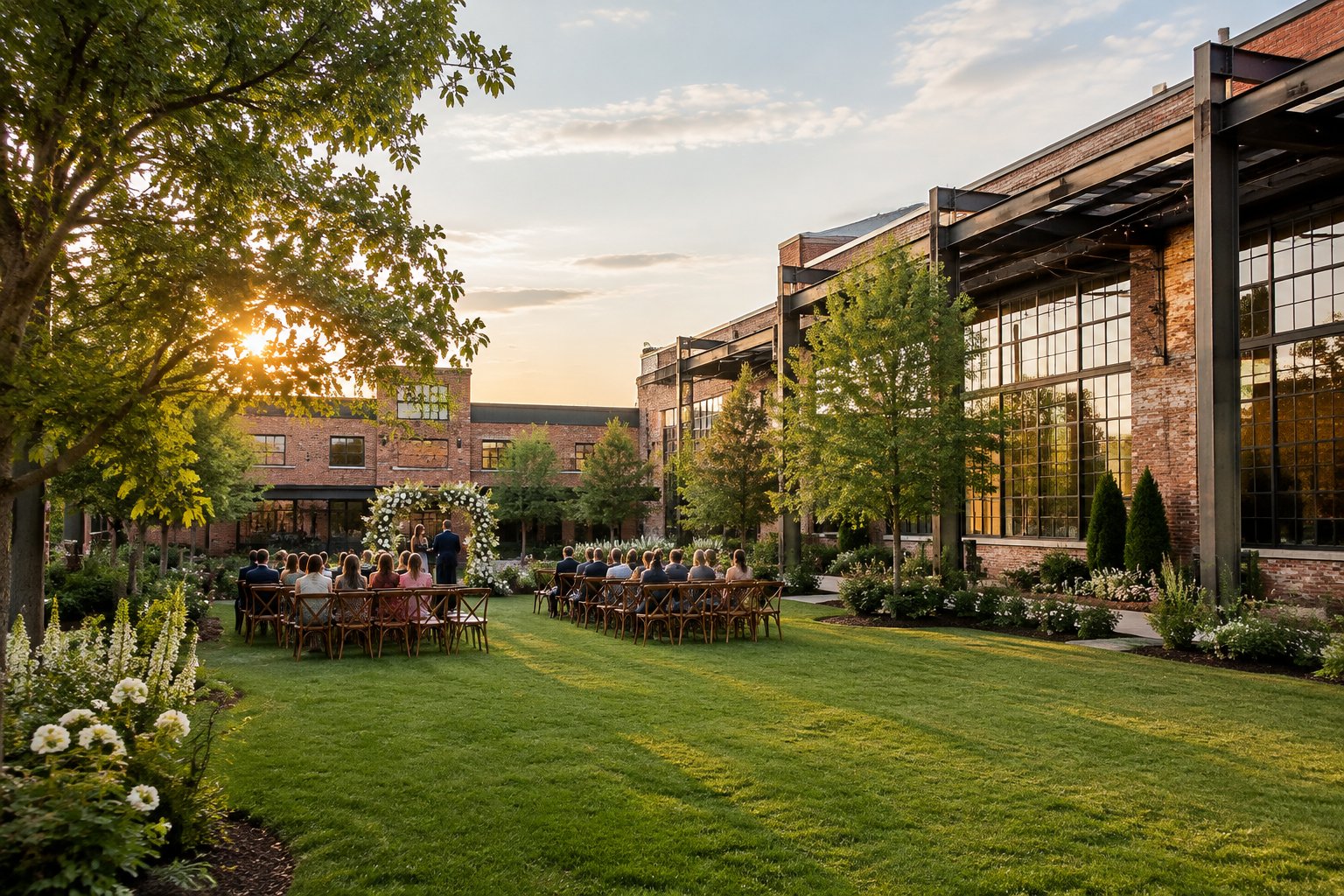 A garden ceremony setup in a grassy courtyard beside a brick industrial building.