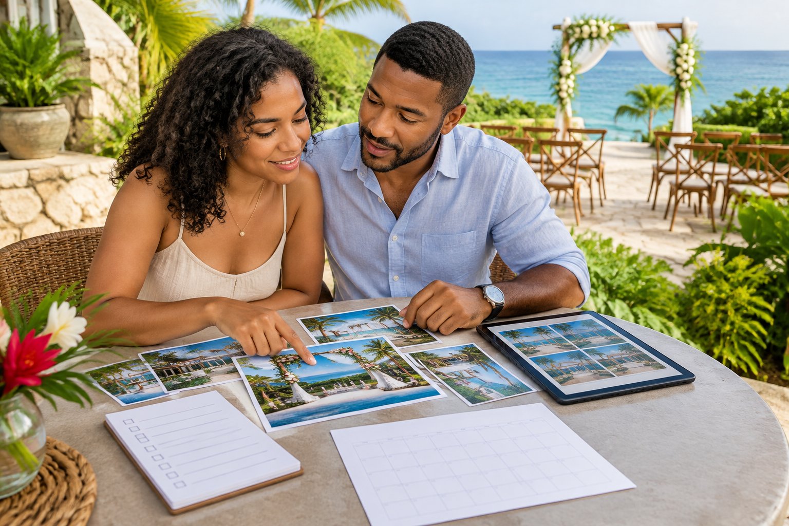 A couple reviews wedding venue photographs and planning materials at a tropical Jamaican terrace.