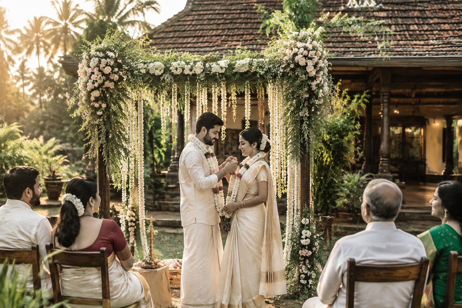 A couple celebrates their wedding beneath a flower canopy in a courtyard surrounded by family and friends.