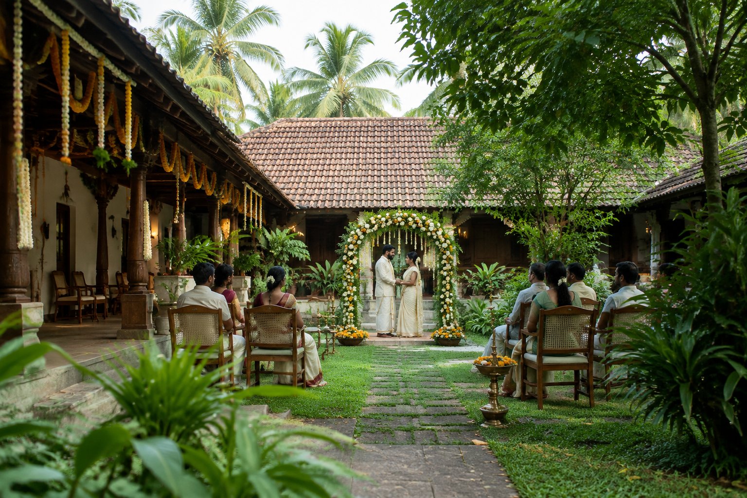 A couple stands beneath a floral arch in a garden courtyard prepared for a small wedding.